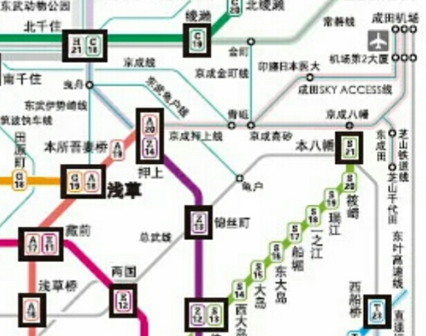 下图橘色是都营浅草线,浅绿是都营新宿线,紫红线是都营大江户线